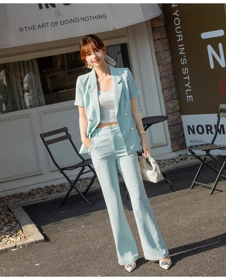 Light blue shot sleeved pantsuit, designer woman suit set, slim cut blazer+ boot legs pants, wedding office formal smart casual