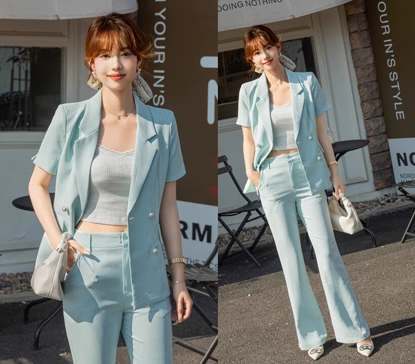 Light blue shot sleeved pantsuit, designer woman suit set, slim cut blazer+ boot legs pants, wedding office formal smart casual