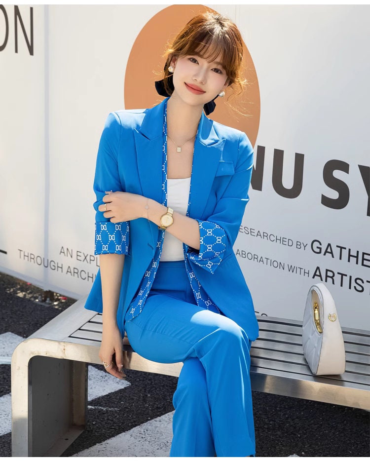 Blue patchwork pantsuit, designer woman short sleeve suit set, slim cut blazer+ boot legs pants, wedding office formal smart casual