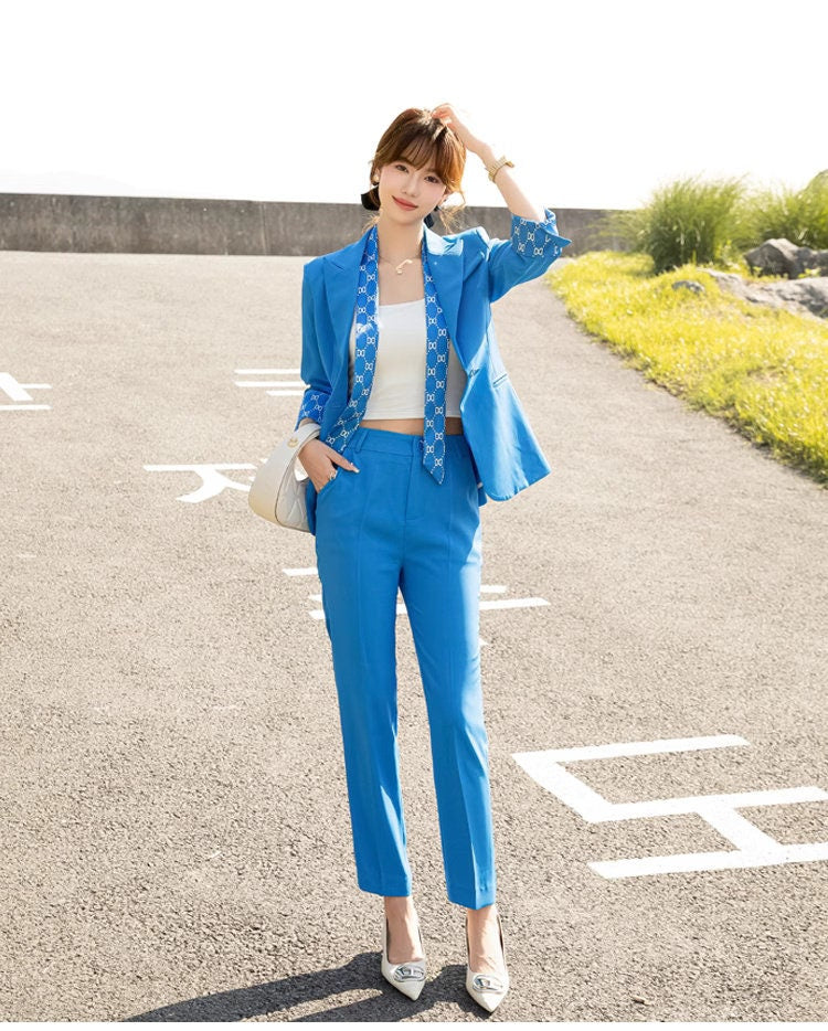 Blue patchwork pantsuit, designer woman short sleeve suit set, slim cut blazer+ boot legs pants, wedding office formal smart casual