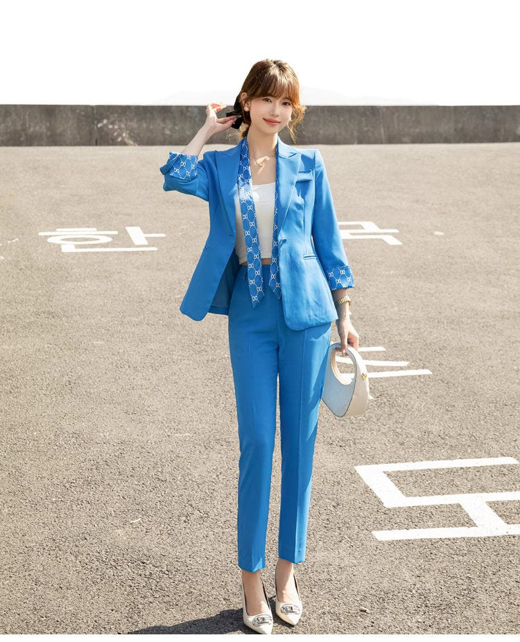 Blue patchwork pantsuit, designer woman short sleeve suit set, slim cut blazer+ boot legs pants, wedding office formal smart casual