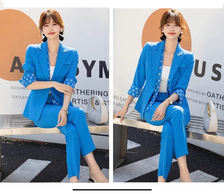 Blue patchwork pantsuit, designer woman short sleeve suit set, slim cut blazer+ boot legs pants, wedding office formal smart casual