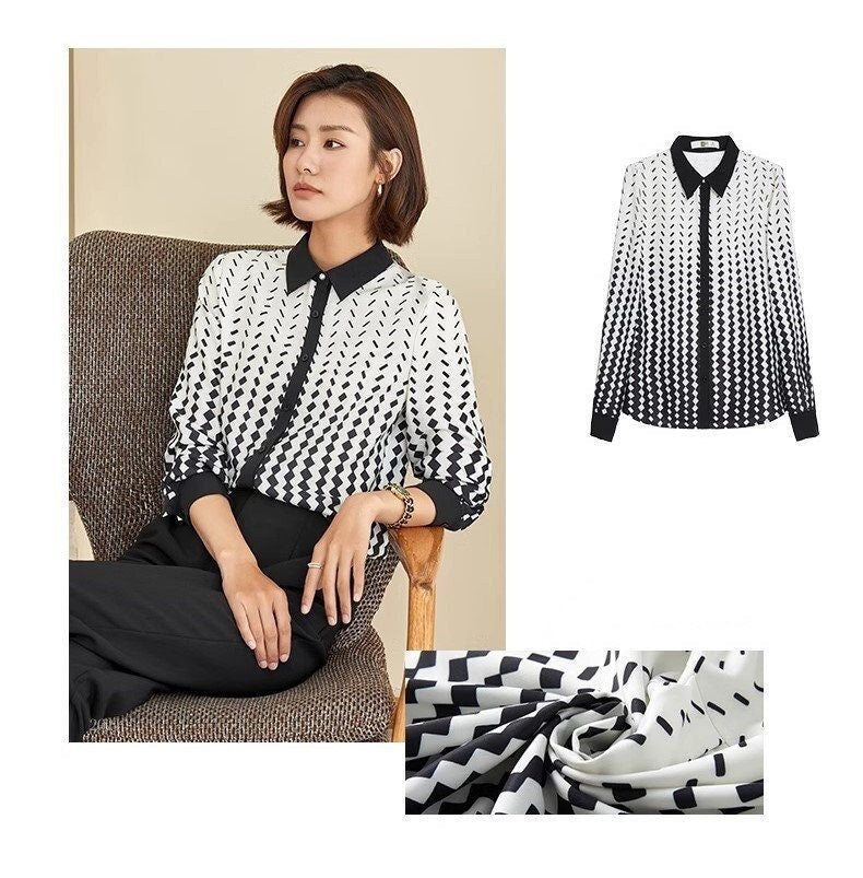 White pattern print blouse, woman designer 3/4 sleeves shirt plus size, Smart casual/ Formal/ Party Event/ Prom Wedding/ Office work