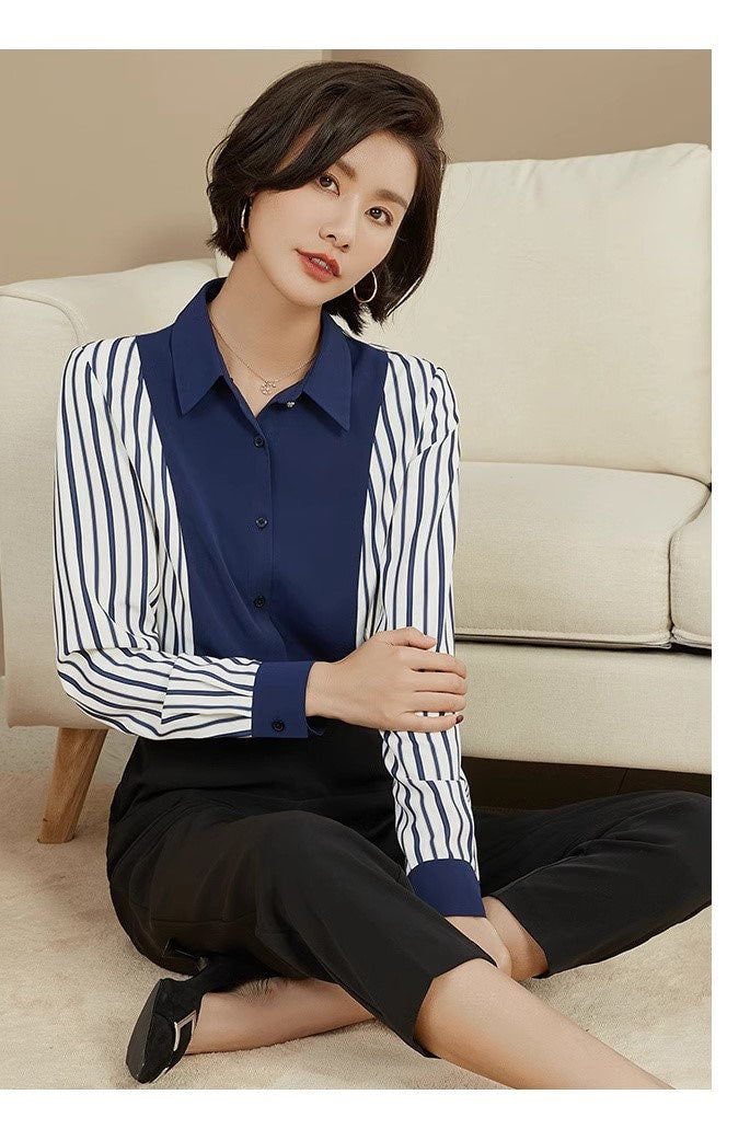 Striped pattern print blouse, woman designer sleeved shirt plus size, Smart casual/ Formal/ Party Event/ Prom Wedding/ Office work