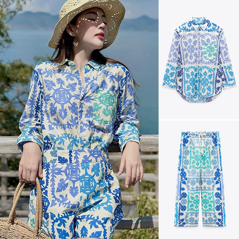 Pattern print blouse + pants set, designer women loose fit casual wear collar shirt & elastic pants holidays beach outdoors daily wear