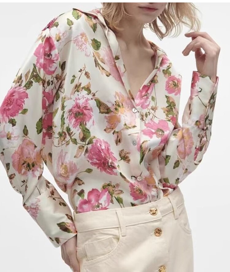 Women floral print blouse, designer loose fit flower pattern summer button shirt smart casual party wedding office event beach