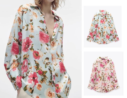 Women floral print blouse, designer loose fit flower pattern summer button shirt smart casual party wedding office event beach