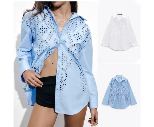 Women crochet blouse in blue/ white, designer loose fit pattern shirt summer home wear smart casual beach party wedding office event