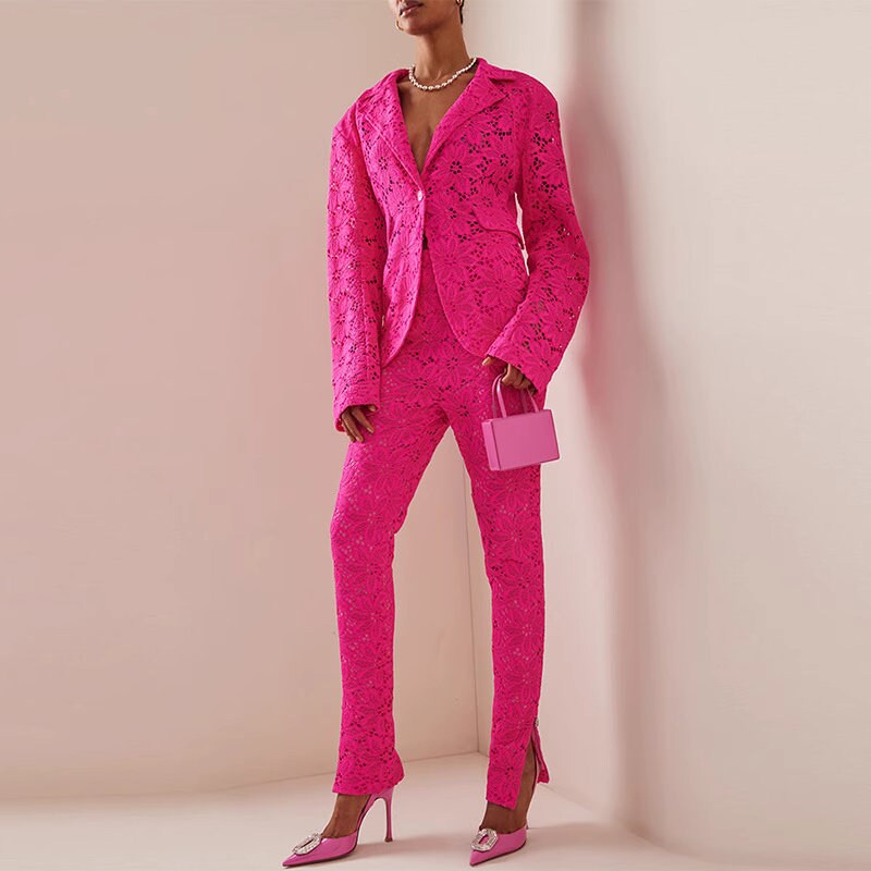 Sharp pink lace pattern floral pantsuit, designer woman suit set, blazer+ pants with inner, wedding office formal smart casual