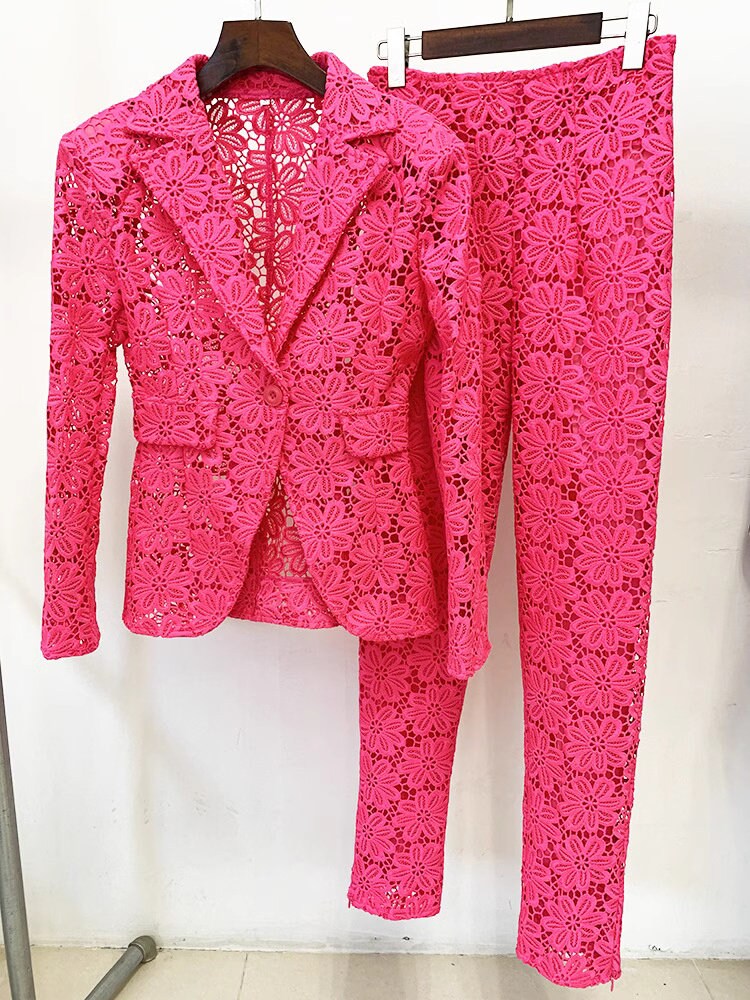 Sharp pink lace pattern floral pantsuit, designer woman suit set, blazer+ pants with inner, wedding office formal smart casual