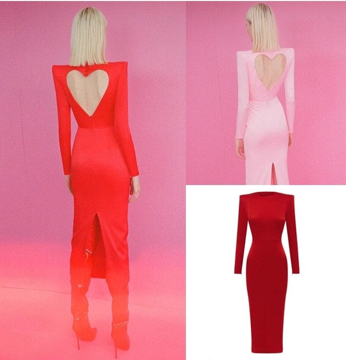 Pink/ Red heart shape open back prom dress, designer woman sexy slit slip slim cut maxi dress Formal/ Party Event/ Wedding Cocktail