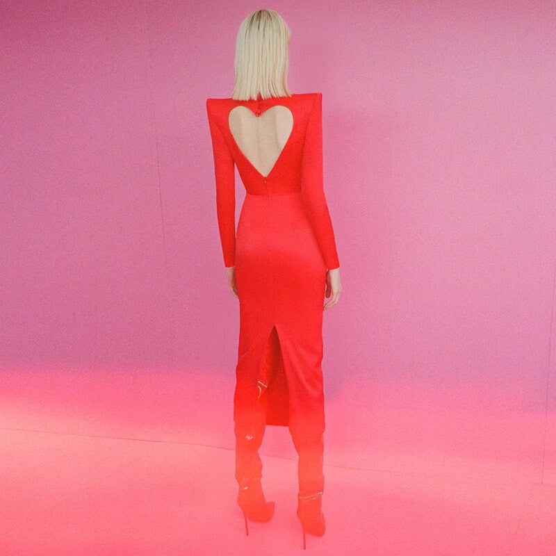 Pink/ Red heart shape open back prom dress, designer woman sexy slit slip slim cut maxi dress Formal/ Party Event/ Wedding Cocktail