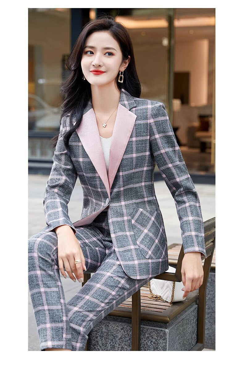 Checkered pink/gray collar pantsuit, designer woman suit set, slim cut blazer+ crop legs pants, wedding office formal smart casual