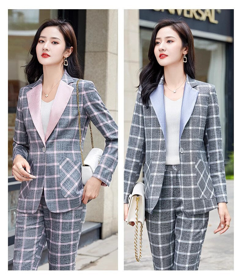 Checkered pink/gray collar pantsuit, designer woman suit set, slim cut blazer+ crop legs pants, wedding office formal smart casual