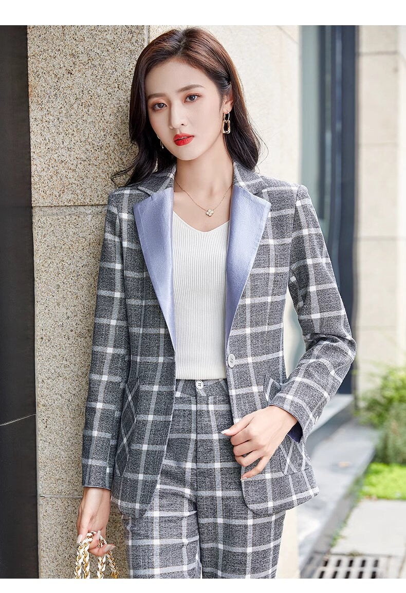 Checkered pink/gray collar pantsuit, designer woman suit set, slim cut blazer+ crop legs pants, wedding office formal smart casual