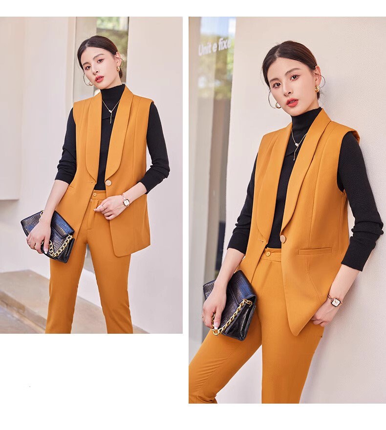 Button suit vest + pants, designer woman waist coat orange, green, black suit set elegant cool wear smart casual formal wedding office