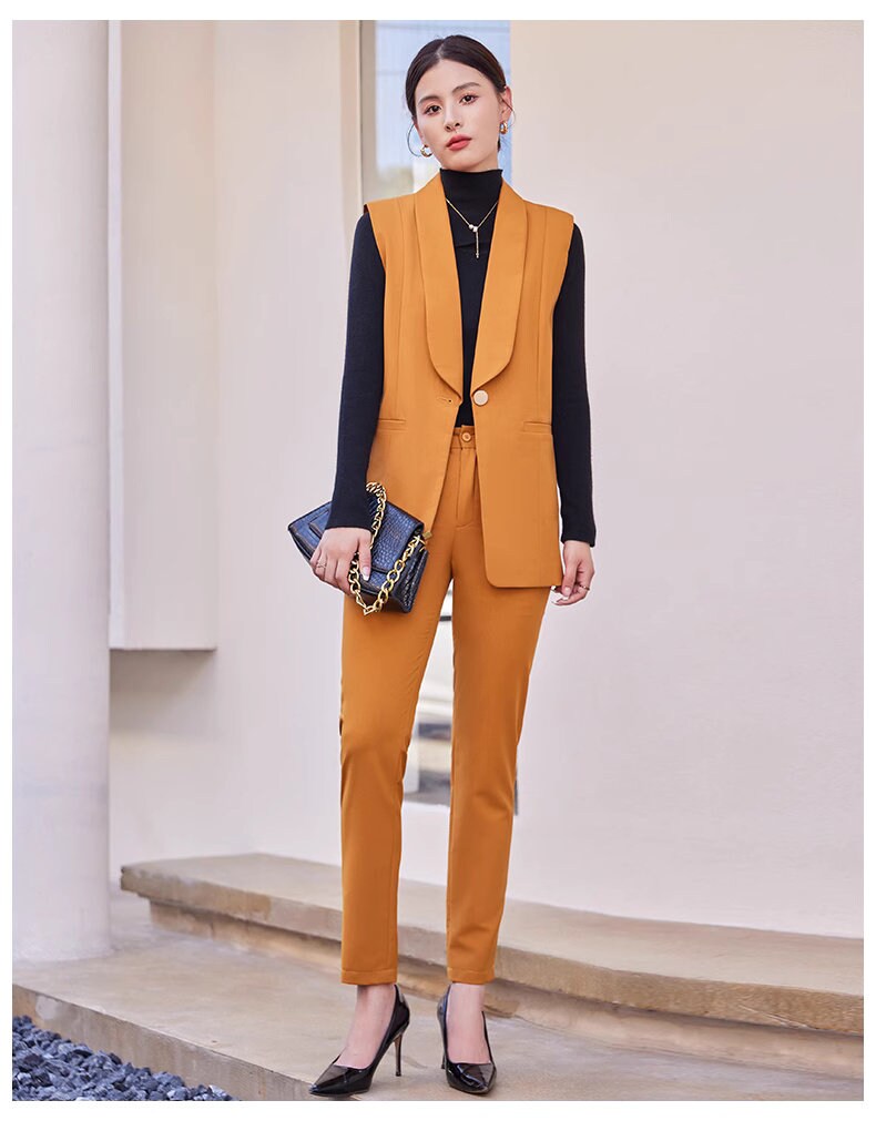 Button suit vest + pants, designer woman waist coat orange, green, black suit set elegant cool wear smart casual formal wedding office