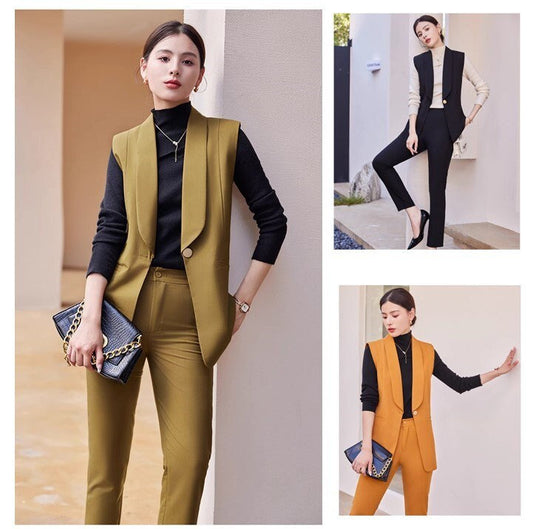 Button suit vest + pants, designer woman waist coat orange, green, black suit set elegant cool wear smart casual formal wedding office