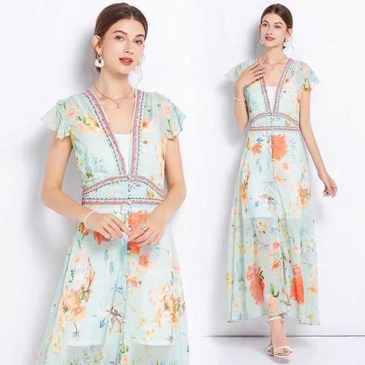 Pastel floral pattern maxi dress boho sun dress vintage dress casual beach dress wedding party cocktail sexy dress prom dress everyday