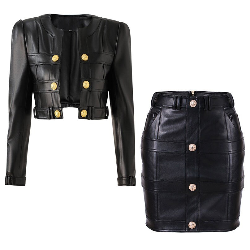 Women Double Breasted Black Blazer, Designer PU Leather Jacket Dress Set Stylish Formal Event Party Prom Dress Gift for her