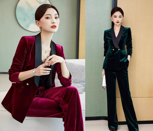 Green/ Red Velvet Pantsuit Designer Woman Suit Jacket + Pants Slim Cut suit Smart Casual/ Formal/ Party Event suit