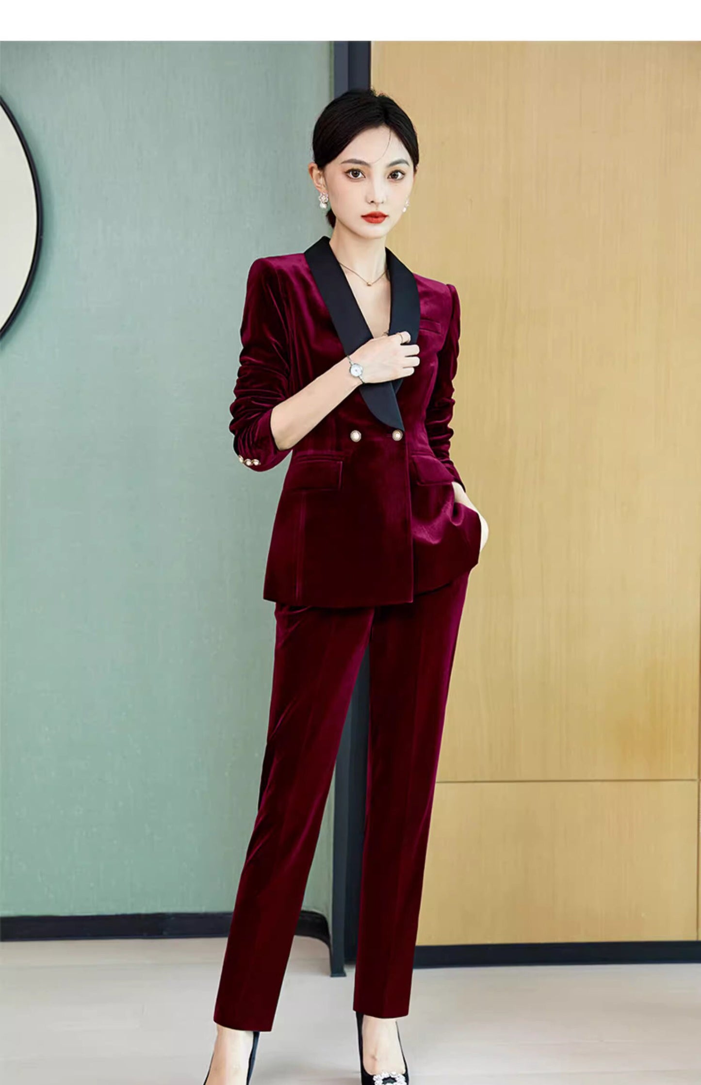 Green/ Red Velvet Pantsuit Designer Woman Suit Jacket + Pants Slim Cut suit Smart Casual/ Formal/ Party Event suit