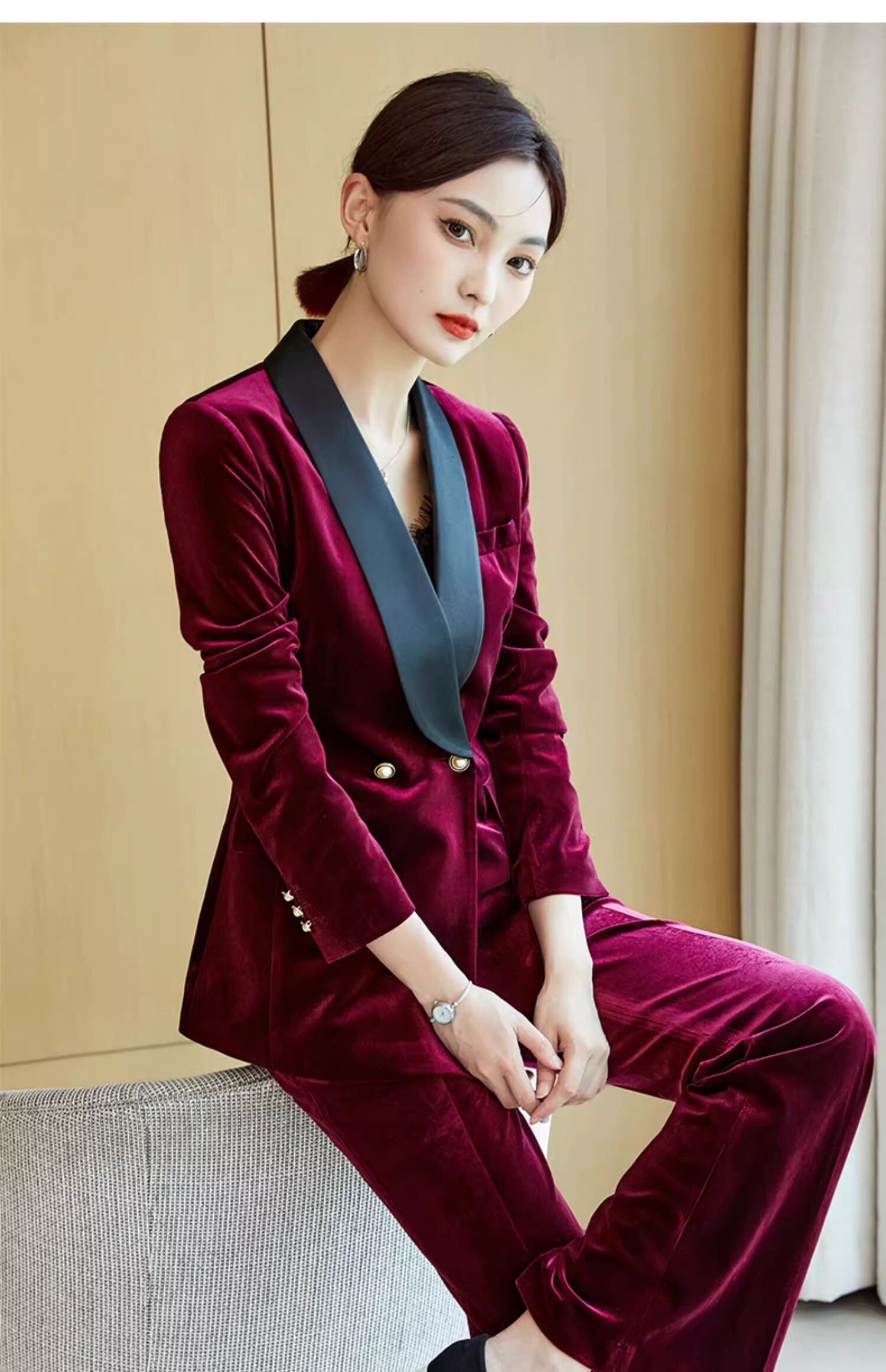 Green/ Red Velvet Pantsuit Designer Woman Suit Jacket + Pants Slim Cut suit Smart Casual/ Formal/ Party Event suit