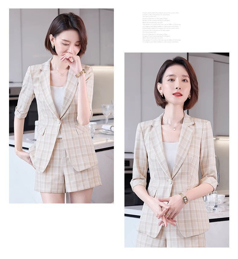 Checkered pink/ khaki pantsuit, designer woman suit set, slim cut short sleeved blazer+ shorts, wedding office formal smart casual