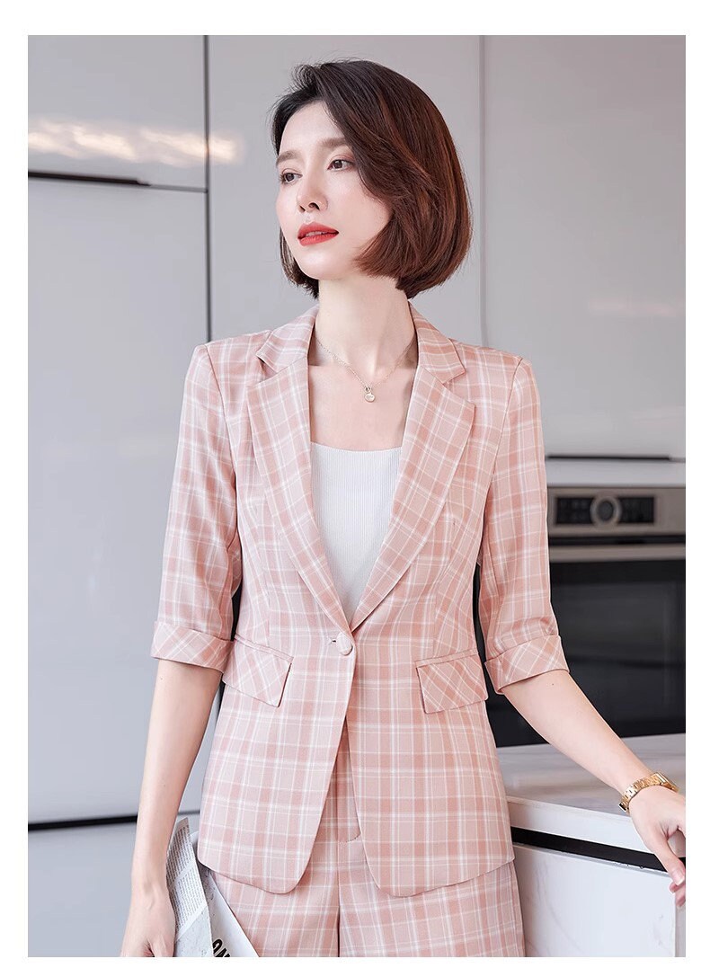 Checkered pink/ khaki pantsuit, designer woman suit set, slim cut short sleeved blazer+ shorts, wedding office formal smart casual