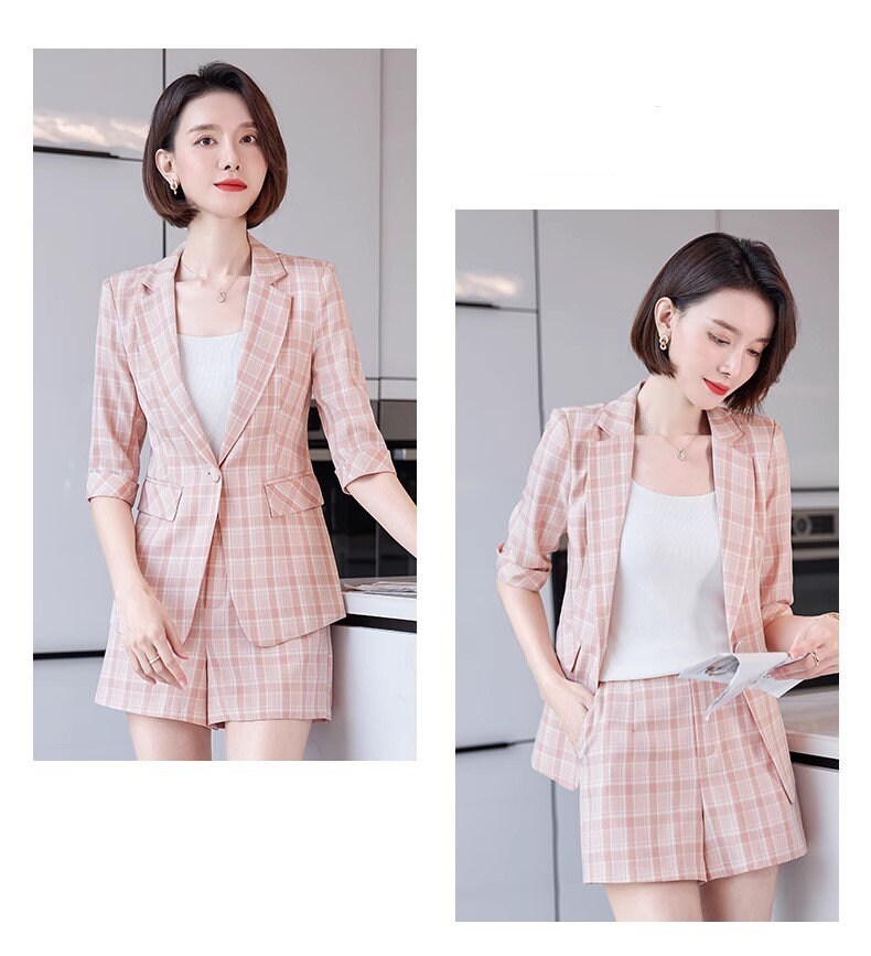 Checkered pink/ khaki pantsuit, designer woman suit set, slim cut short sleeved blazer+ shorts, wedding office formal smart casual