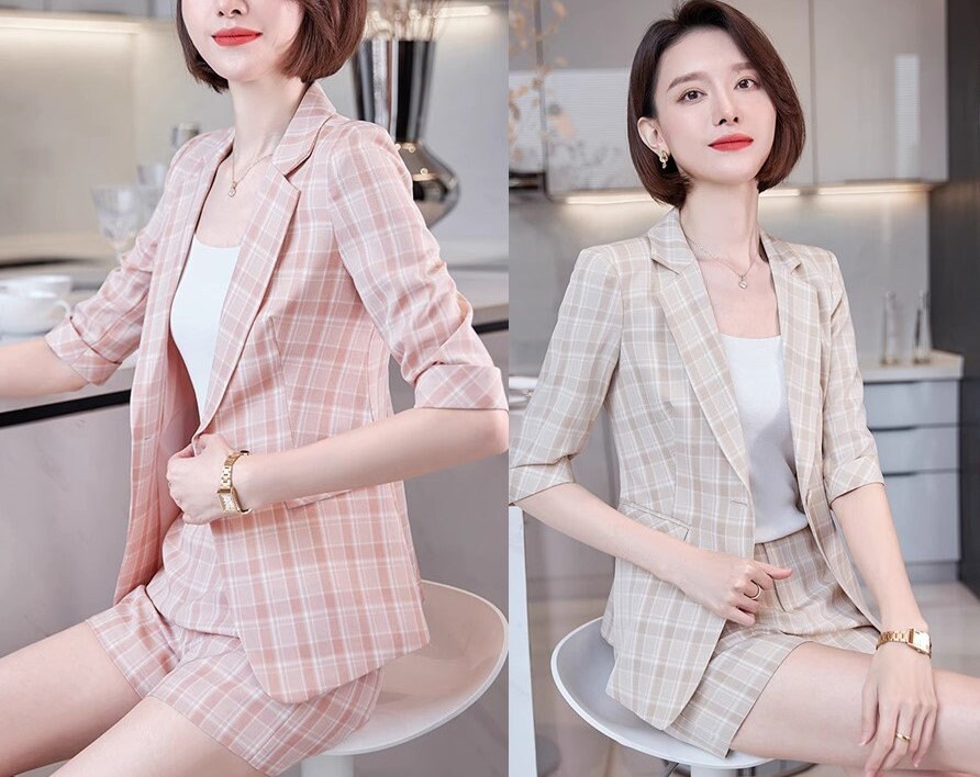 Checkered pink/ khaki pantsuit, designer woman suit set, slim cut short sleeved blazer+ shorts, wedding office formal smart casual