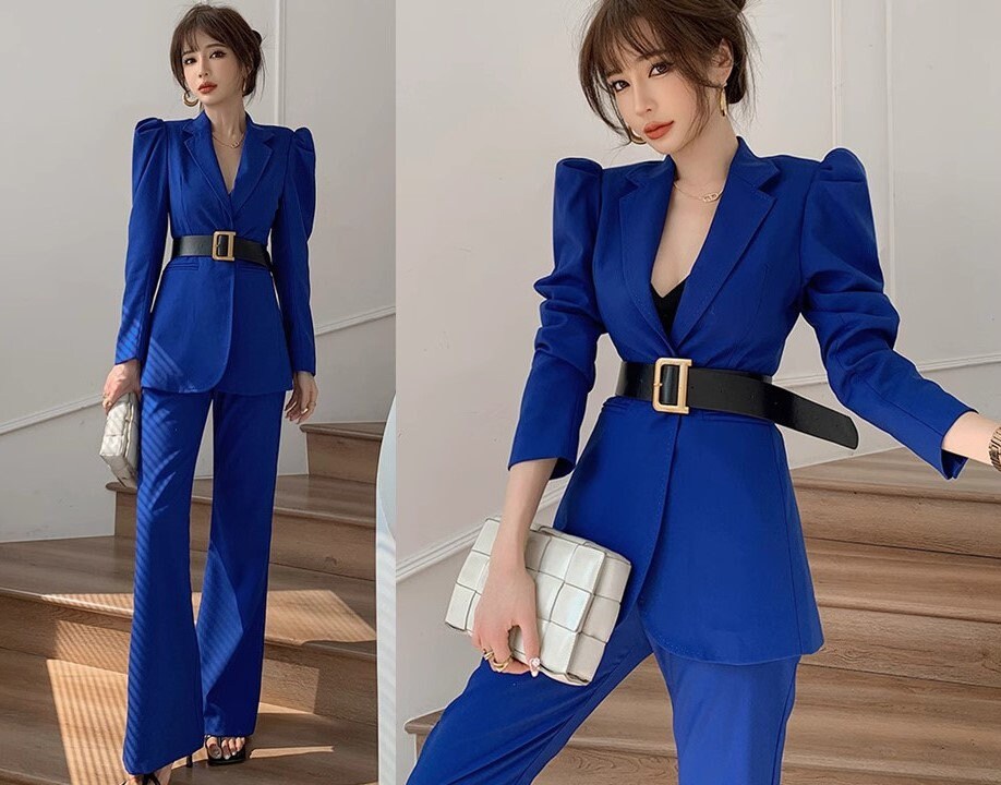 Blue pointed shoulder pantsuit with belt, designer woman slim cut suit set, puffy sleeves blazer+ boot legs pants, wedding office formal