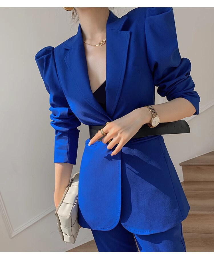 Blue pointed shoulder pantsuit with belt, designer woman slim cut suit set, puffy sleeves blazer+ boot legs pants, wedding office formal