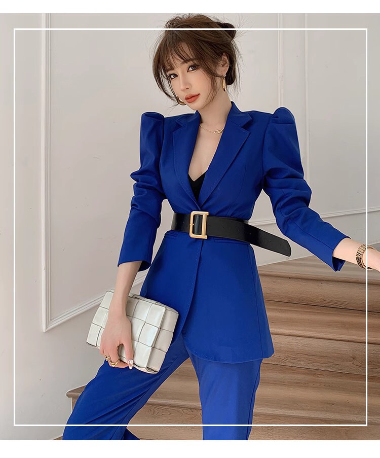 Blue pointed shoulder pantsuit with belt, designer woman slim cut suit set, puffy sleeves blazer+ boot legs pants, wedding office formal