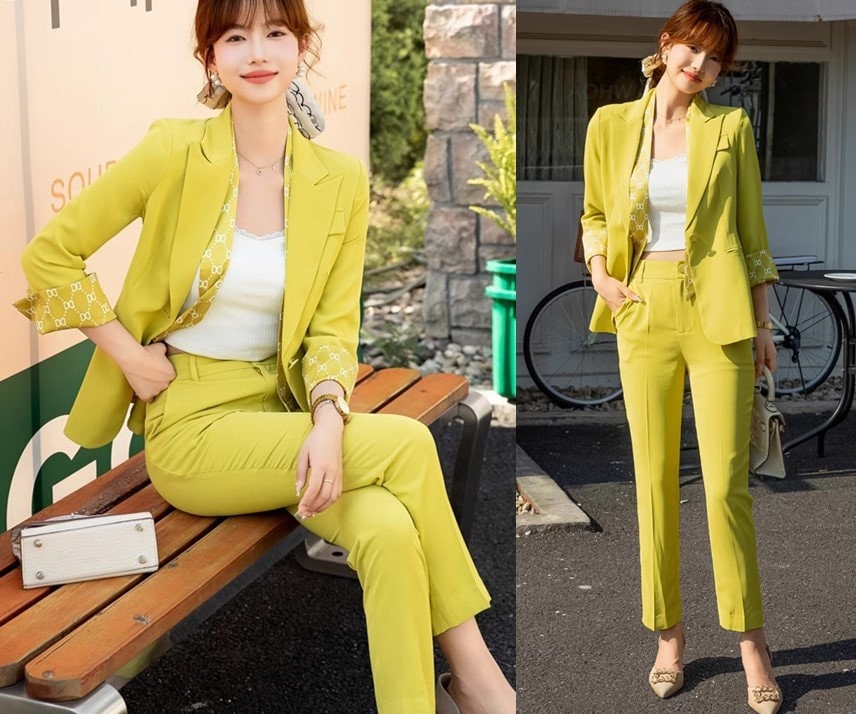 Sharp greenish yellow pantsuit, designer woman suit set, slim cut blazer+ pants, wedding office formal smart casual