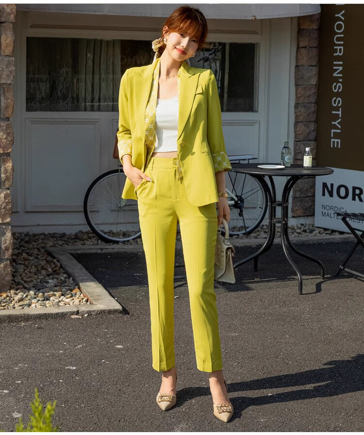 Sharp greenish yellow pantsuit, designer woman suit set, slim cut blazer+ pants, wedding office formal smart casual