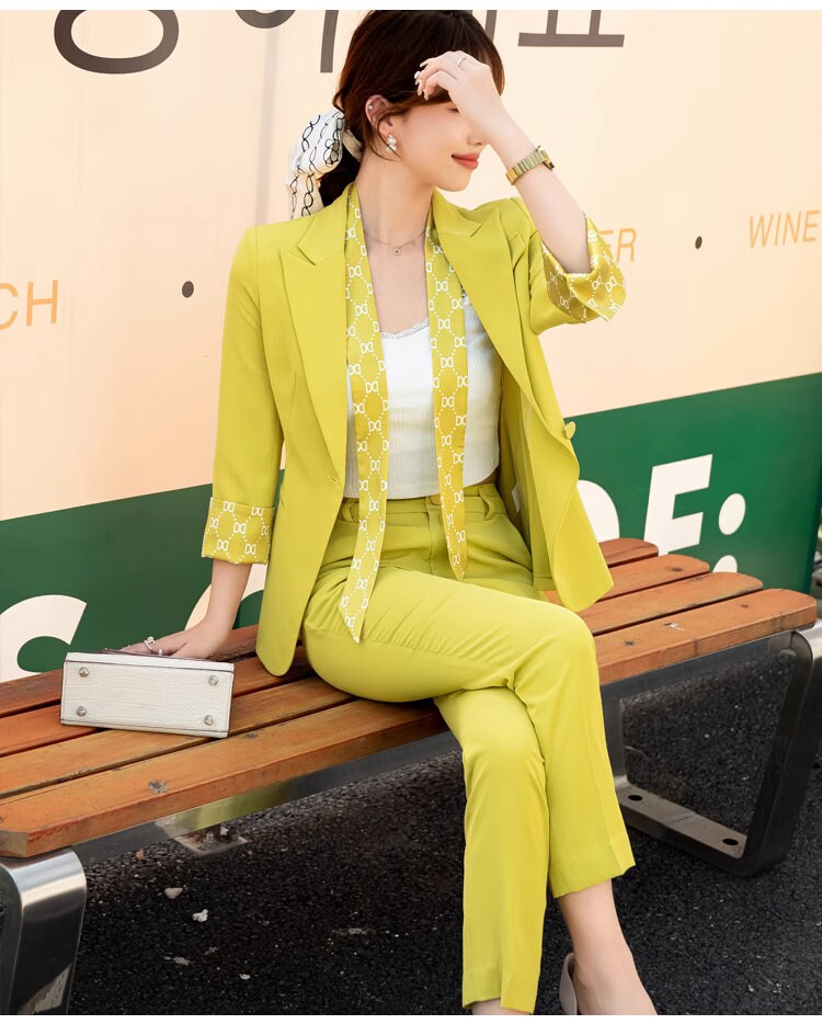 Sharp greenish yellow pantsuit, designer woman suit set, slim cut blazer+ pants, wedding office formal smart casual