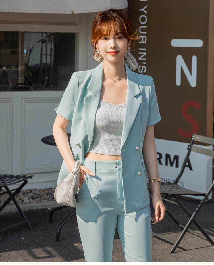 Light blue shot sleeved pantsuit, designer woman suit set, slim cut blazer+ boot legs pants, wedding office formal smart casual