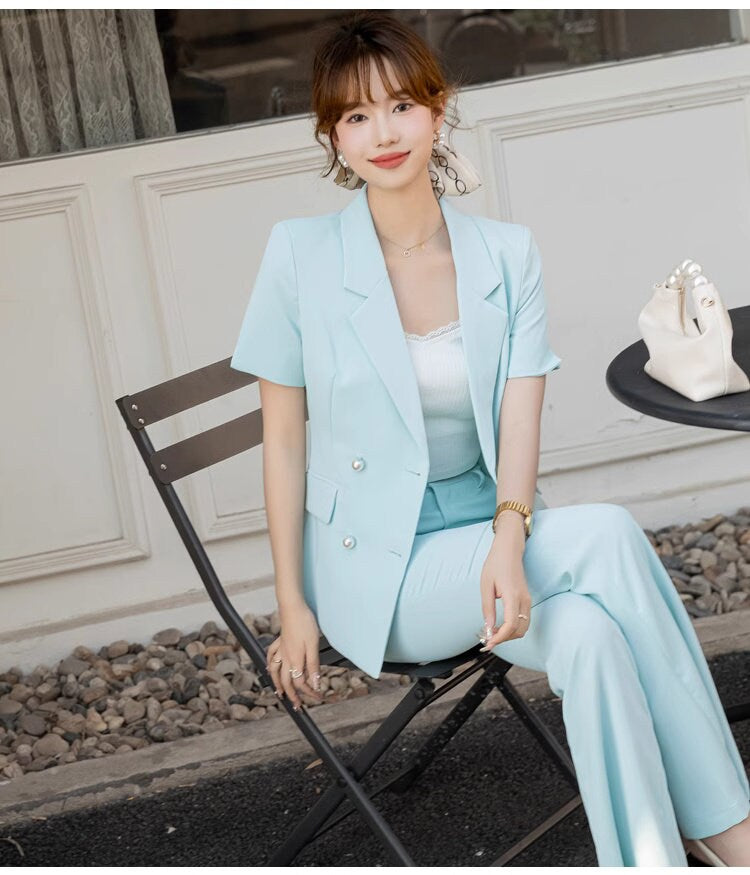 Light blue shot sleeved pantsuit, designer woman suit set, slim cut blazer+ boot legs pants, wedding office formal smart casual