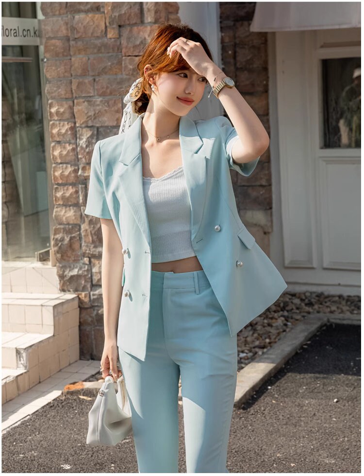 Light blue shot sleeved pantsuit, designer woman suit set, slim cut blazer+ boot legs pants, wedding office formal smart casual