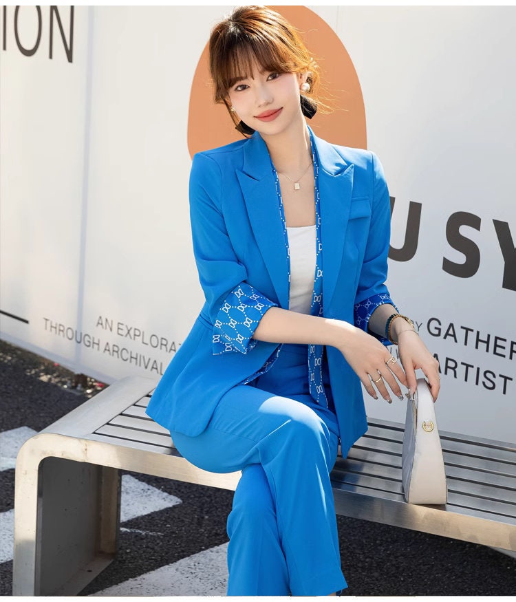 Blue patchwork pantsuit, designer woman short sleeve suit set, slim cut blazer+ boot legs pants, wedding office formal smart casual