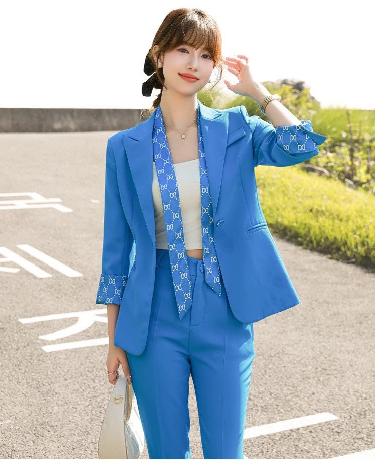 Blue patchwork pantsuit, designer woman short sleeve suit set, slim cut blazer+ boot legs pants, wedding office formal smart casual