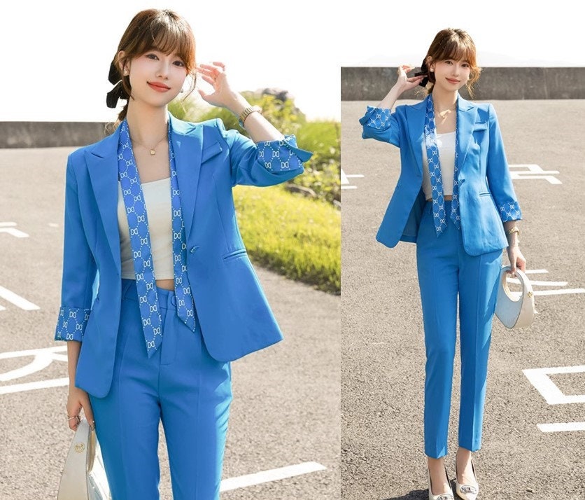 Blue patchwork pantsuit, designer woman short sleeve suit set, slim cut blazer+ boot legs pants, wedding office formal smart casual