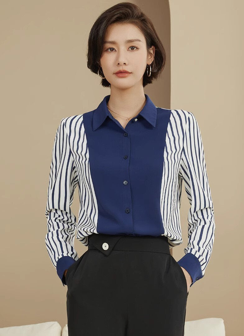 Striped pattern print blouse, woman designer sleeved shirt plus size, Smart casual/ Formal/ Party Event/ Prom Wedding/ Office work