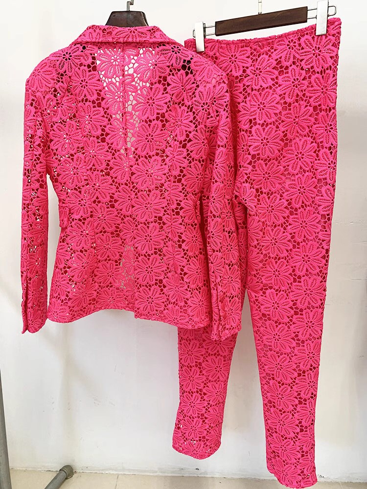 Sharp pink lace pattern floral pantsuit, designer woman suit set, blazer+ pants with inner, wedding office formal smart casual