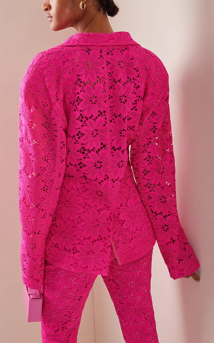 Sharp pink lace pattern floral pantsuit, designer woman suit set, blazer+ pants with inner, wedding office formal smart casual