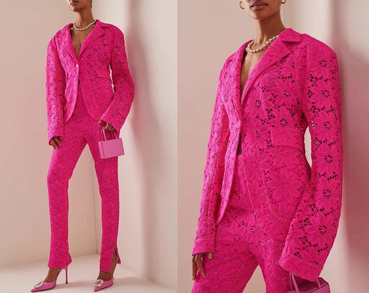 Sharp pink lace pattern floral pantsuit, designer woman suit set, blazer+ pants with inner, wedding office formal smart casual