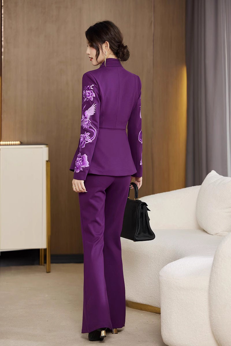 Oriental embroidery bird & flowers pantsuit, designer woman slim cut sleeves blazer + pants, suit set for Party Event/ Prom Wedding/ Office