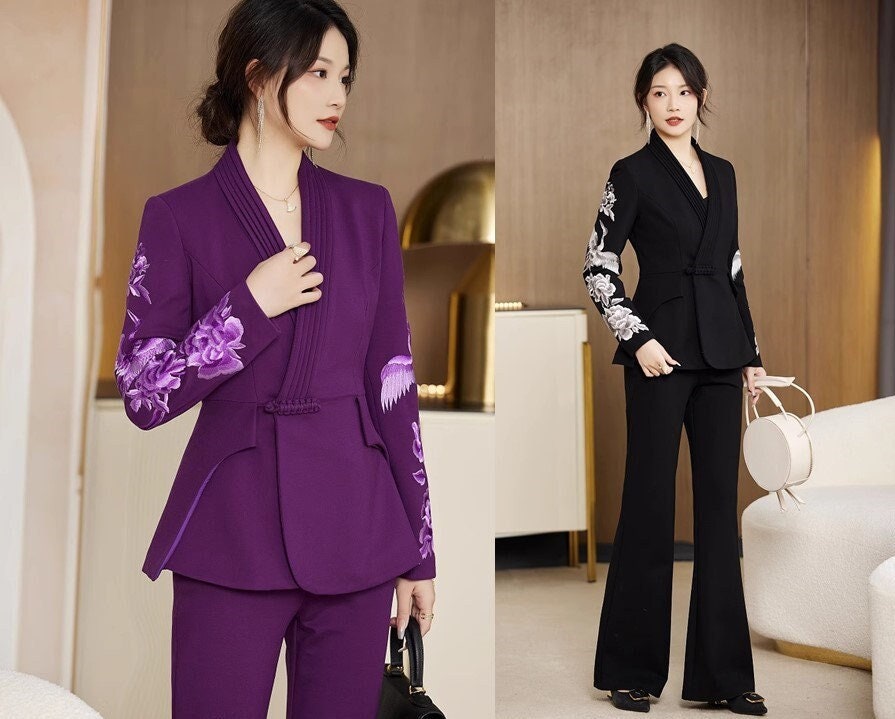 Oriental embroidery bird & flowers pantsuit, designer woman slim cut sleeves blazer + pants, suit set for Party Event/ Prom Wedding/ Office