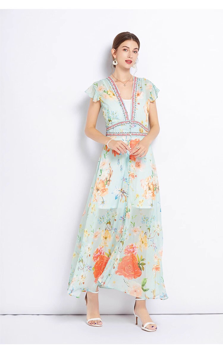 Pastel floral pattern maxi dress boho sun dress vintage dress casual beach dress wedding party cocktail sexy dress prom dress everyday